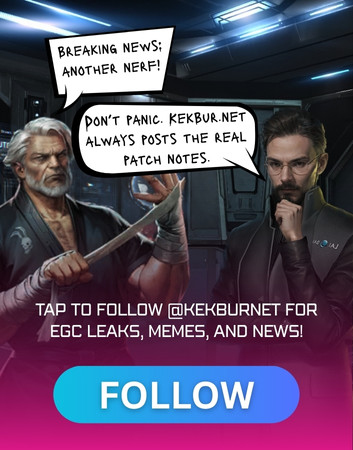 Two EVE Galaxy Conquest commanders in a comic-style scene. One announces “Breaking news; another nerf!” while the other replies, “Don’t panic. kekbur.net always posts the real patch notes.” Banner tagline says, “Tap to follow @KekburNet for EGC leaks, memes, and news!” with a large blue Follow button.